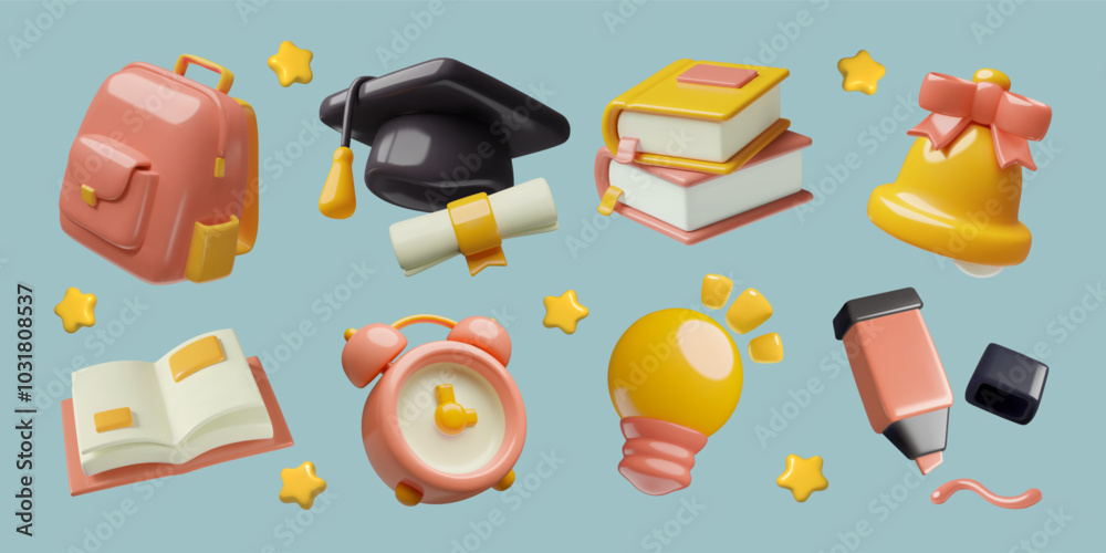Education cute 3d elements set with books, bulb, school backpack, alarm clock, marker, bell, graduation hat with diploma. Education cute 3d elements set with books, bulb, school backpack, alarm clock, marker, bell, graduation hat with diploma.