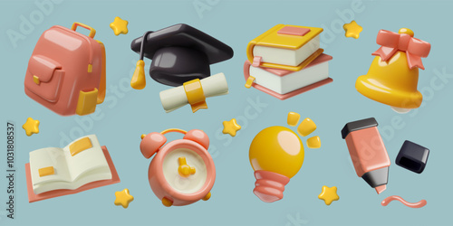 Education cute 3d elements set with books, bulb, school backpack, alarm clock, marker, bell, graduation hat with diploma.