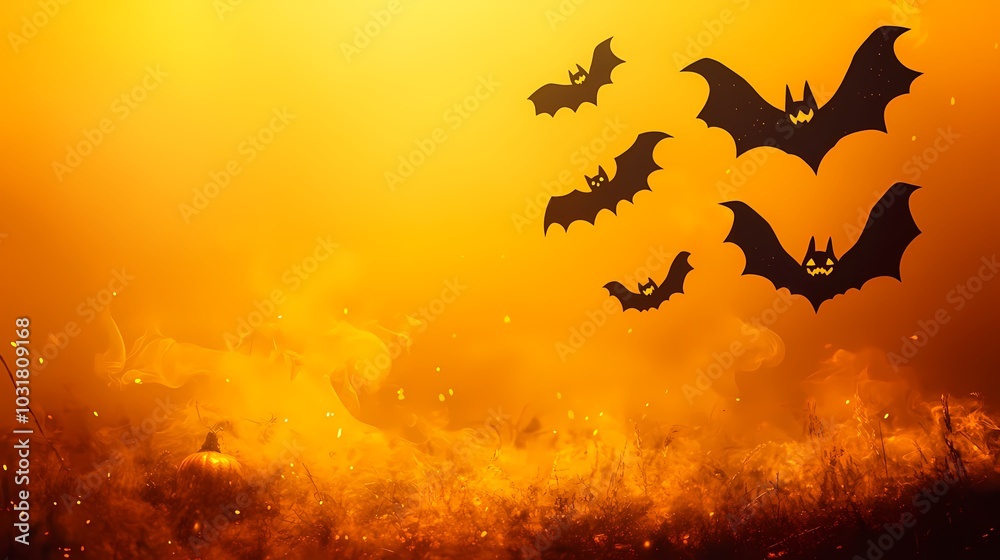 Fototapeta premium Silhouettes of bats flying over a smoky, orange Halloween landscape.
