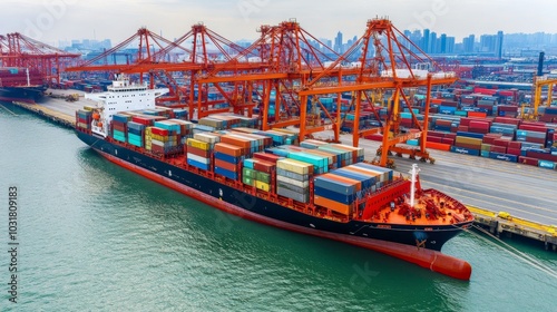 Container Ship Docked at a Busy Port