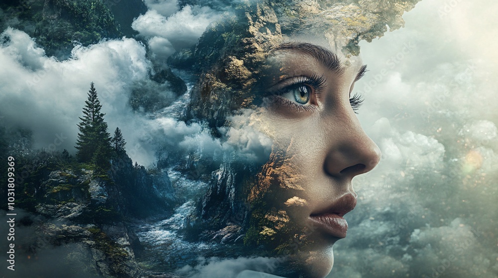 A surreal portrait of a woman with nature elements reflected in her face, symbolizing the connection between humanity and the environment. A surreal portrait of a woman with nature elements reflected in her face, symbolizing the connection between humanity and the environment.