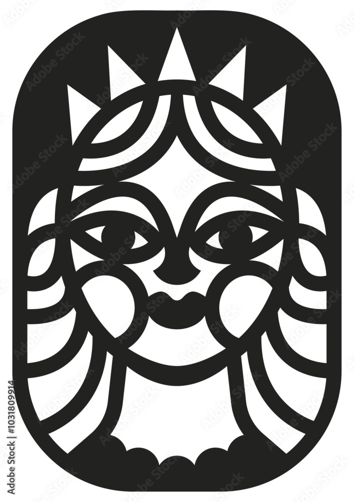 Visage de femme aux cheveux longs portant une couronne, vecteur pour découpe laser, tampon, autocollant ou pochoir, modèle noir fond transparent pour création graphique ou conception d'objet décoratif