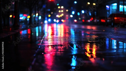 Colorful Reflections on Wet Street at Night