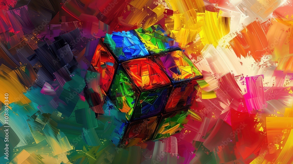 Fototapeta premium A colorful cube with a textured, paintbrush-stroke background, creating an abstract and geometric composition.