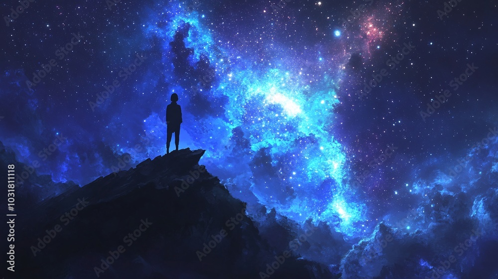 Fototapeta premium A solitary figure stands atop a rocky peak, gazing into a mesmerizing galaxy filled with vibrant colors and countless stars.