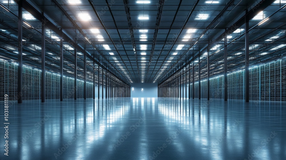 Modern Data Center Interior with Rows of Servers Modern Data Center Interior with Rows of Servers