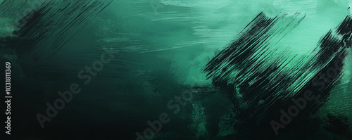 A dynamic abstract black and green background with brush strokes. AI generation.