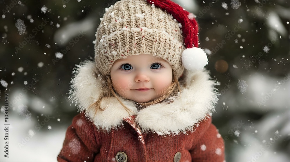 Baby in a Red Coat and Hat in Snow ,Tiny Snow Angel Baby in a Red Coat and Hat in Snow ,Tiny Snow Angel