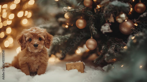 Adorable brown puppy sitting in the snow next to a decorated Christmas tree with red ornaments. Snowflakes gently falling in a festive winter scene.