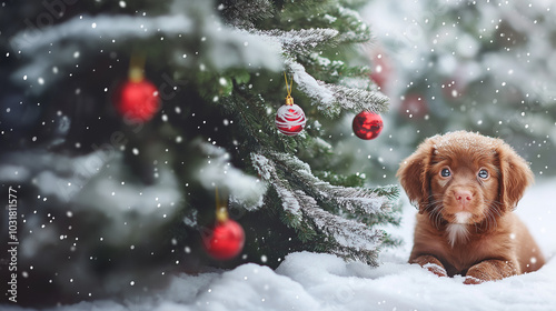 Adorable brown puppy sitting in the snow next to a decorated Christmas tree with red ornaments. Snowflakes gently falling in a festive winter scene.