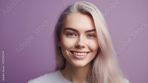 A cheerful young girl with braided hair, wearing a blue sweater, smiling and pointing to her left against a pink background, copy space