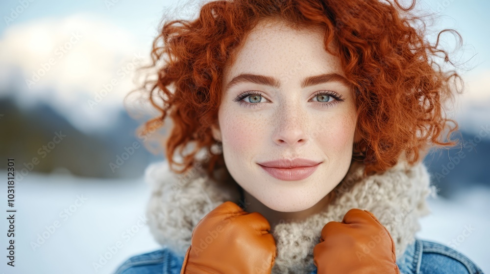 A women with red hair wears a blue denim jacket and brown leather gloves in this close-up Behind her, a towering mountain looms in the backdrop A women with red hair wears a blue denim jacket and brown leather gloves in this close-up Behind her, a towering mountain looms in the backdrop