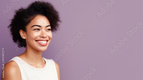 Young smiling happy woman 20s with bob haircut wearing white t-shirt point index finger aside on workspace area mock up isolated on pastel purple background studio portrait People lifestyle concept.