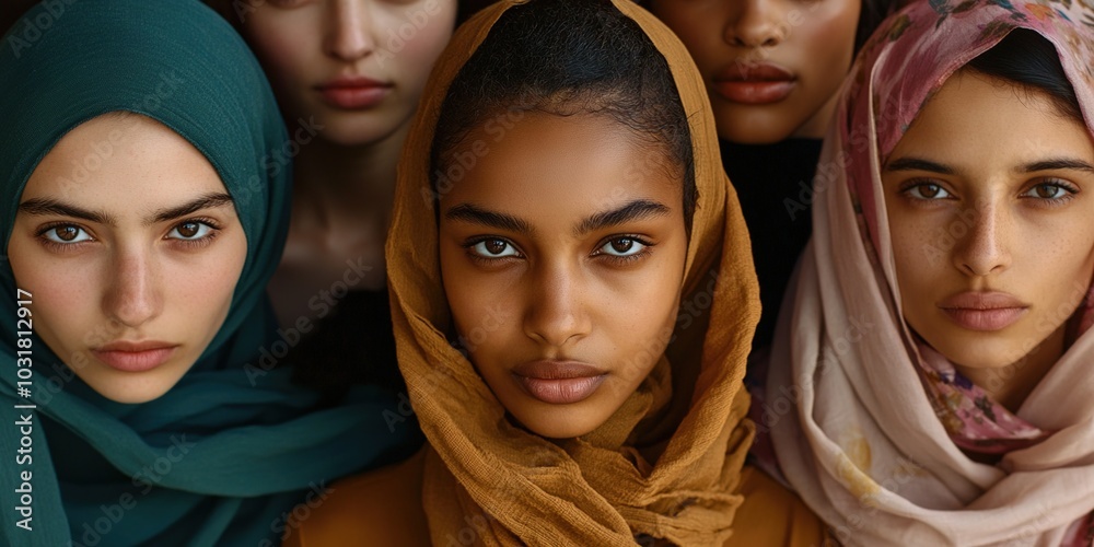 Abstract Top-Down View of Multicultural Young Adults Smiling at the Camera, Symbolizing Unity and Collaboration Against a Creative Advertising Background Enhanced by AI Wallpaper, Capturing the Spirit