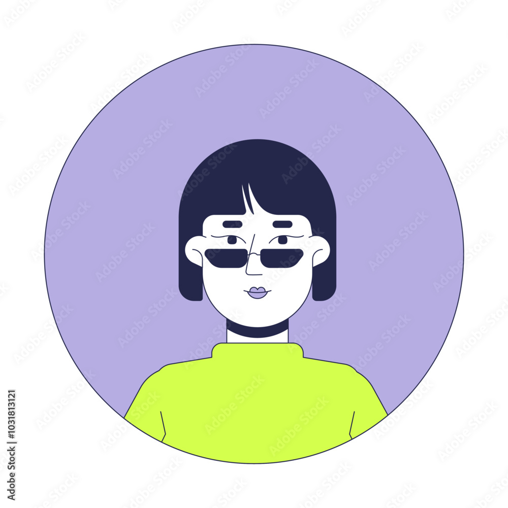 Bob hair korean woman sunglasses 2D linear vector avatar illustration. Asian girl stylish glasses cartoon character face portrait. Head shoulders. Round frame flat user profile color image isolated