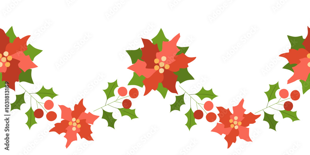 Christmas seamless border with poinsettia flowers and red berries on white background. Winter vector illustration for decoration, packaging, print. Christmas seamless border with poinsettia flowers and red berries on white background. Winter vector illustration for decoration, packaging, print.
