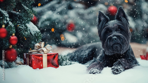 Adorable brown puppy sitting in the snow next to a decorated Christmas tree with red ornaments. Snowflakes gently falling in a festive winter scene.