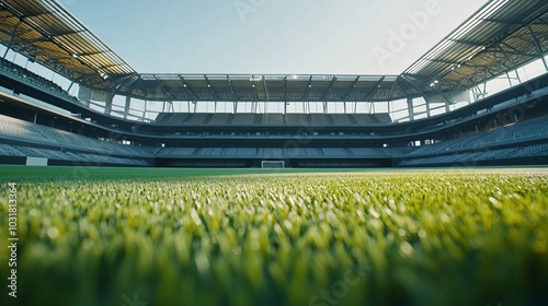 Wide-angle view of a modern sports stadium with lush green grass, perfect for football or soccer matches, under a clear blue sky.