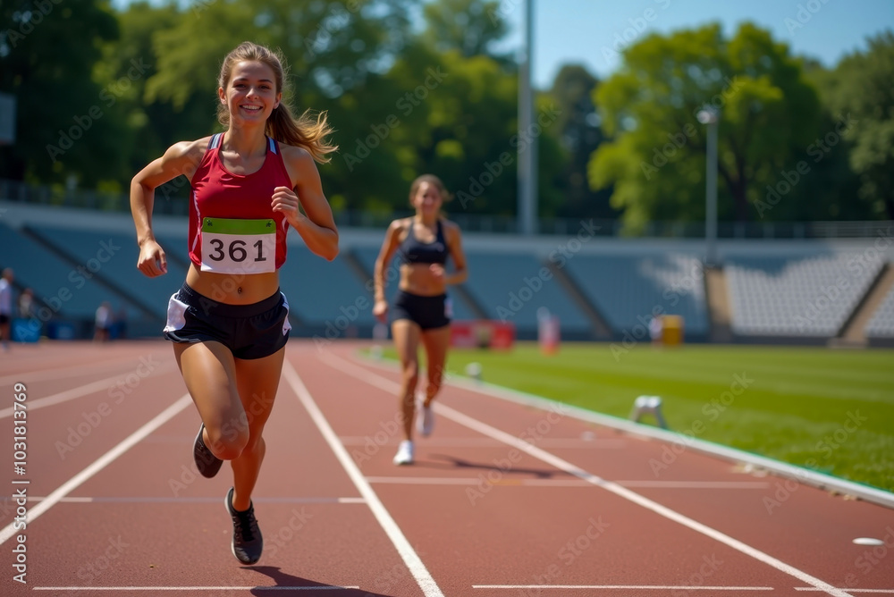 A female runner sprinting to the finish line in a track and field race, her face showing determination and speed as she aims for victory. A female runner sprinting to the finish line in a track and field race, her face showing determination and speed as she aims for victory.