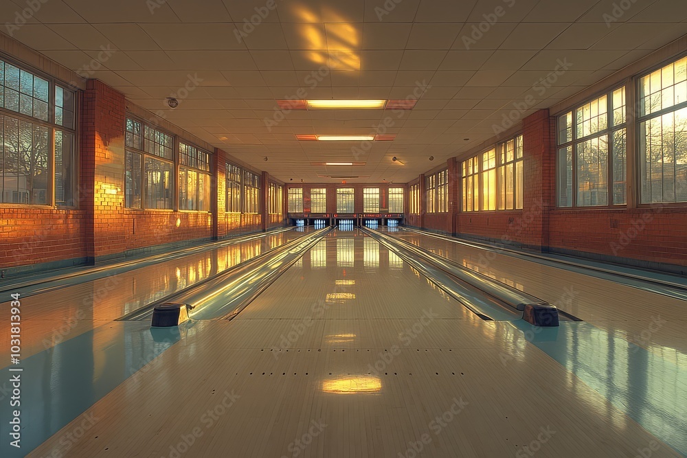 Empty bowling alley with warm sunset lighting Empty bowling alley with warm sunset lighting