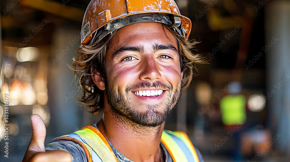 Happy Worker Giving Thumbs Up in Construction Site