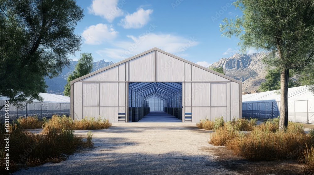Modern Greenhouse Complex: A sleek and modern greenhouse complex, nestled amidst lush greenery, stands as a symbol of sustainable agriculture and innovative farming techniques. Modern Greenhouse Complex: A sleek and modern greenhouse complex, nestled amidst lush greenery, stands as a symbol of sustainable agriculture and innovative farming techniques.