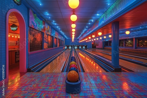 Colorful retro bowling alley with multiple lanes photo