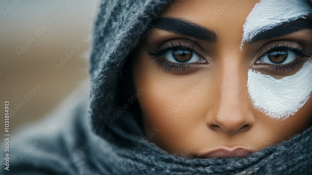 white paint on face, scarf over head, neck adorned with a scarf white paint on face, scarf over head, neck adorned with a scarf