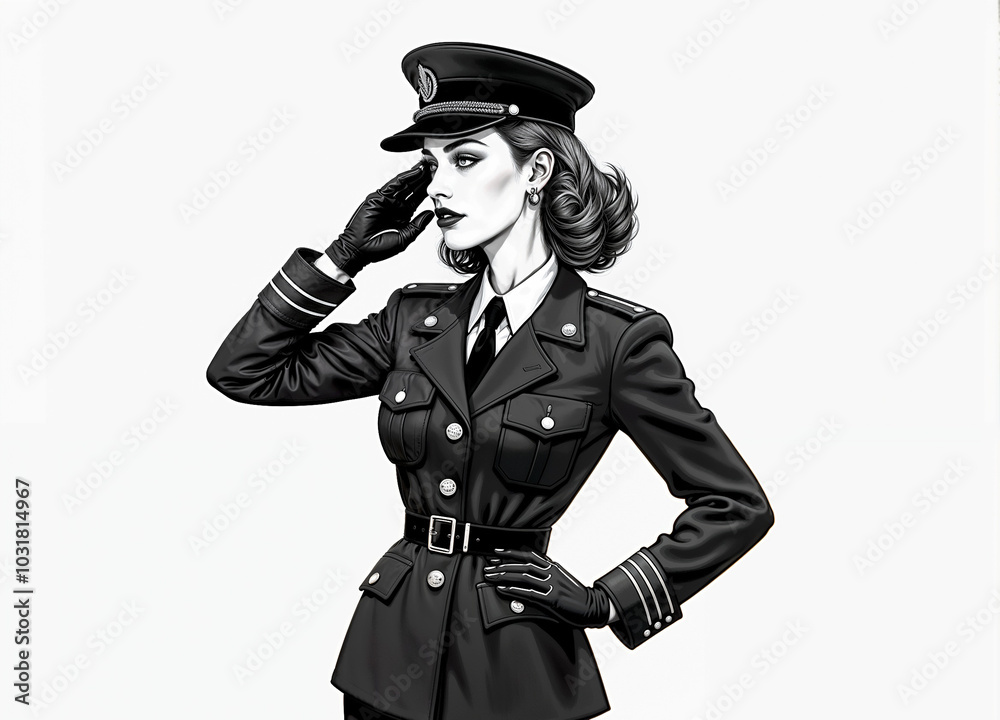 Beautiful pilot woman. Black and white image on a white background. Pin-up style Beautiful pilot woman. Black and white image on a white background. Pin-up style