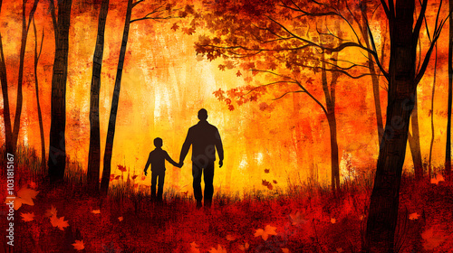 Striking High Contrast Hand-Drawn Minimalist Illustration of a Silhouette Showing a Father and Son Holding Hands While Walking Through an Autumn Forest