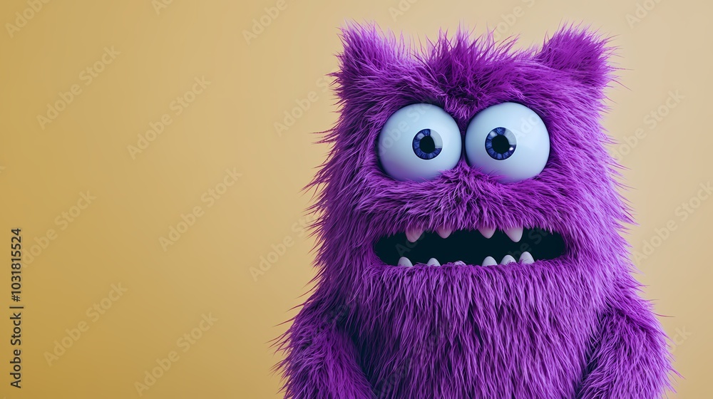 Cute purple monster with big eyes and fluffy fur against a yellow background. Cute purple monster with big eyes and fluffy fur against a yellow background.