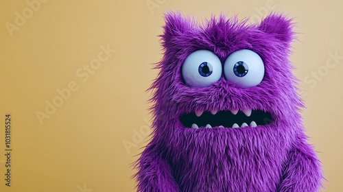 Cute purple monster with big eyes and fluffy fur against a yellow background.