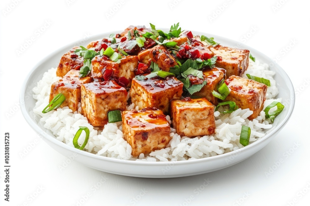 stir fried tofu with spicy sauce on rice isolated on white background - generative ai stir fried tofu with spicy sauce on rice isolated on white background - generative ai