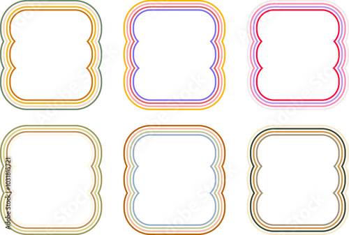 Geometric groovy frames with wavy colorful lines. Vector border line for design cards, banners, invitations
