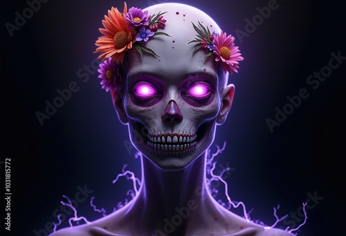 A female humanoid creature with bright purple eyes, flowers around his head