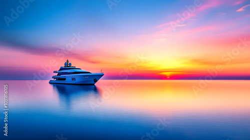 A Mesmerizing View of a Luxury Yacht in the Shimmering Ocean Under a Stunning Dawn Sky