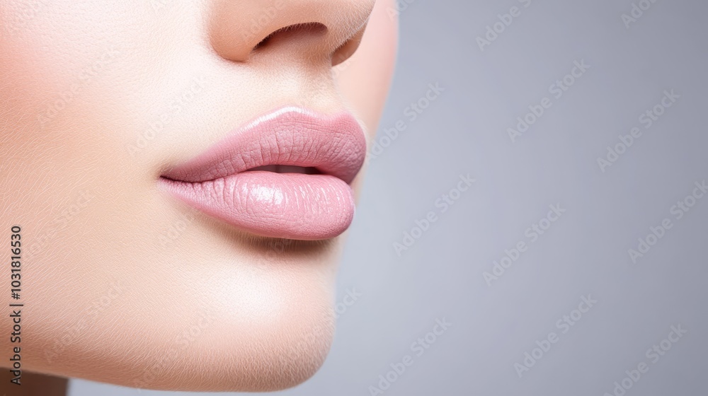 Obraz premium A woman's face, focused closely Lips painted pink against gray backdrop