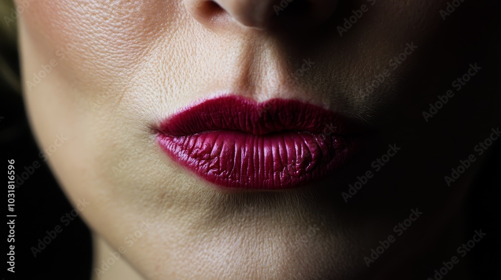 Close-up of woman's red-stained lip against black backdrop Close-up of woman's red-stained lip against black backdrop