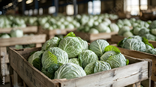 White cabbage heads harvested in wooden boxes in a warehouse. Natural organic fruit abundance. Healthy and natural food storing and shipping concept.