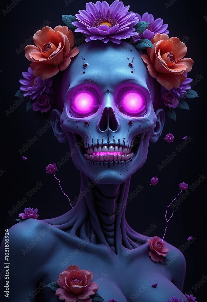 Fototapeta premium A female humanoid creature with bright purple eyes, flowers around his head