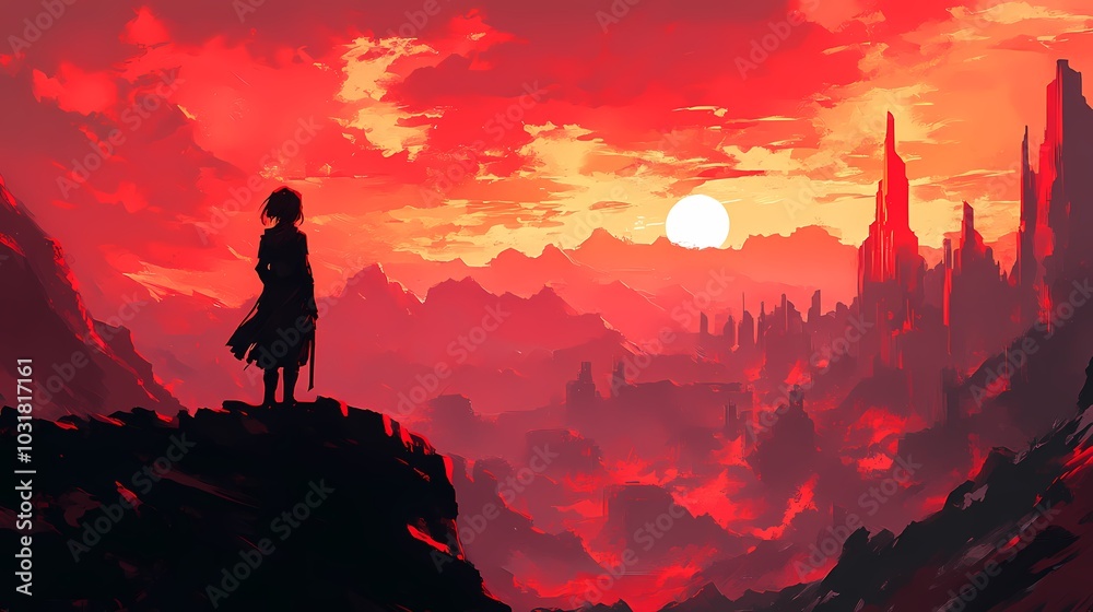 Obraz premium Silhouetted figure against a fiery sunset in a dramatic fantasy landscape.