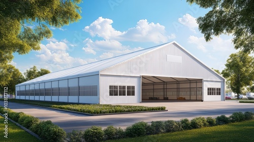 Wallpaper Mural Modern Industrial Warehouse: A sleek and spacious industrial warehouse with a large overhead door, surrounded by lush greenery and a clear blue sky. Torontodigital.ca