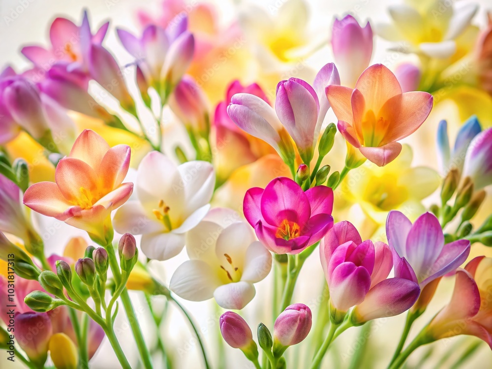 Fototapeta premium Watercolor Freesia Flowers Pattern - Tilt-Shift Photography for Floral Design