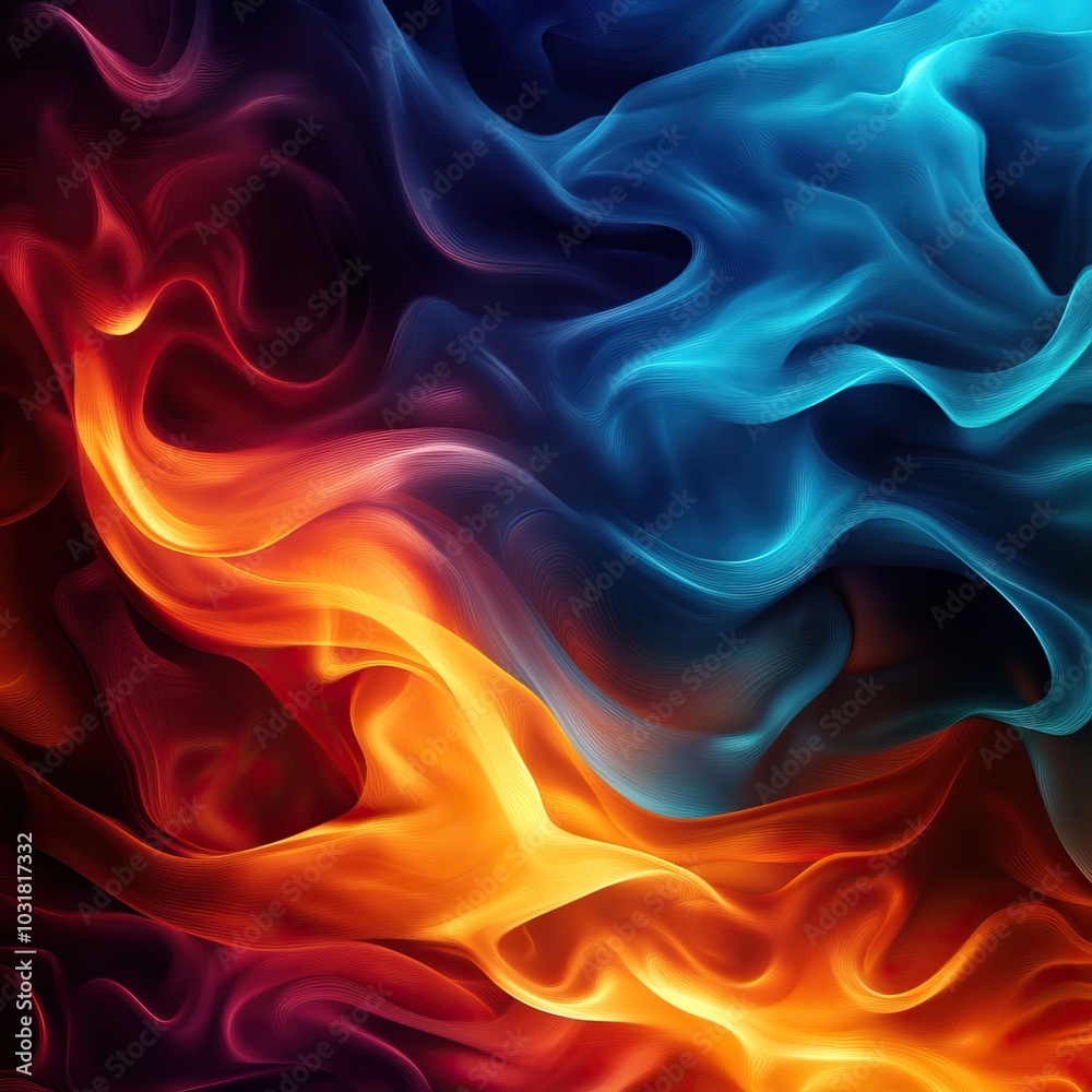 Obraz premium Vibrant abstract smoke swirls in shades of blue, orange, and red, creating a mesmerizing visual effect.
