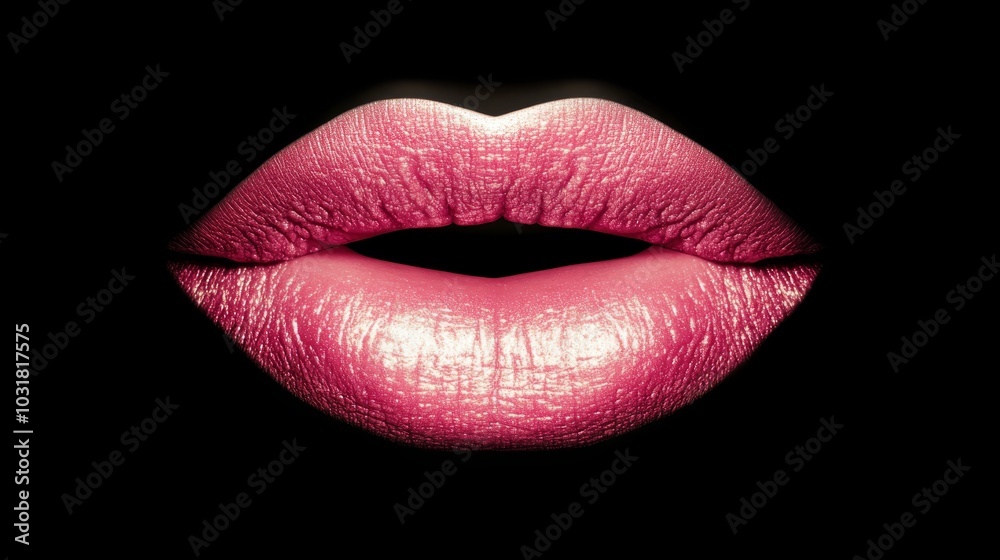 Close-up of woman's lips against black backdrop, lipstick marking bright pink tip Close-up of woman's lips against black backdrop, lipstick marking bright pink tip