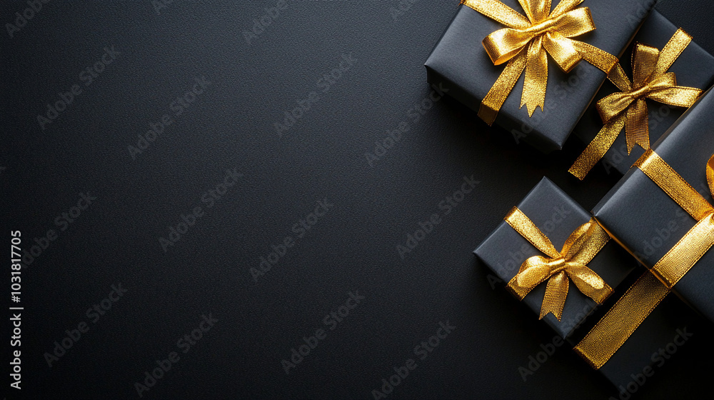 Black Friday and Cyber Monday Gift Boxes with Gold Ribbons on Black Background Black Friday and Cyber Monday Gift Boxes with Gold Ribbons on Black Background