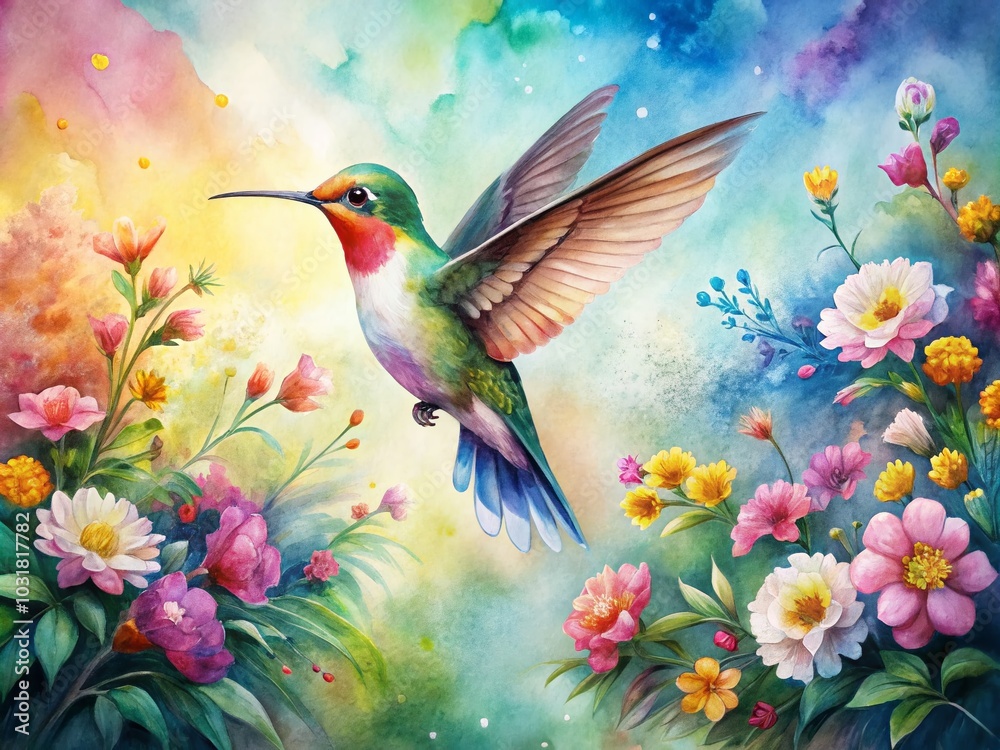 Fototapeta premium Watercolor Hummingbird and Flowers Fashion Photography Inspiration