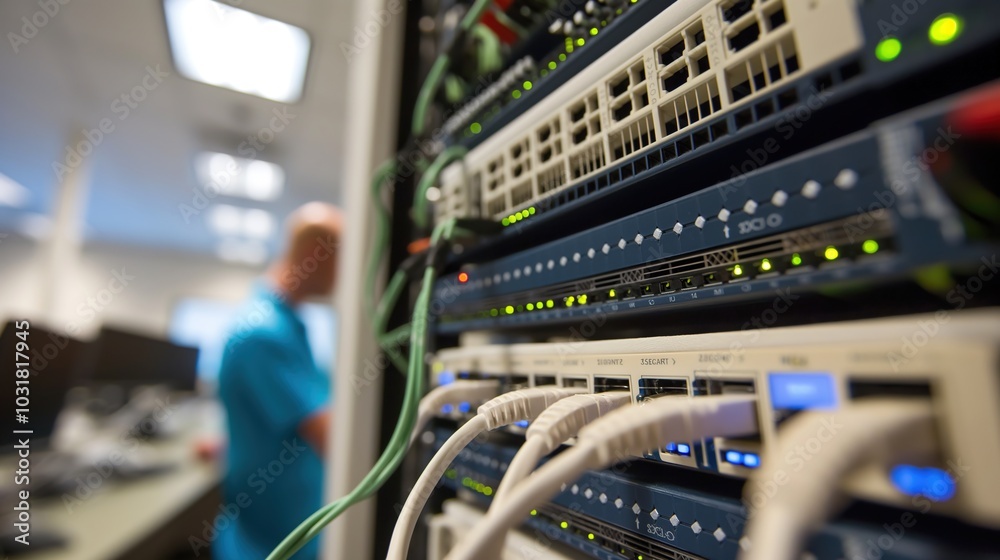 Technician in modern office maintaining network server, surrounded by cables and routers, showcasing focus and professionalism in IT infrastructure management. Technician in modern office maintaining network server, surrounded by cables and routers, showcasing focus and professionalism in IT infrastructure management.