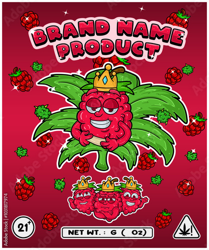 Cartoon Raspberry flavor with cannabis leaf, designed for logo, label or packaging