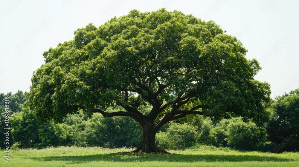 Fototapeta premium Lush Green Tree in Open Field Under Clear Sky